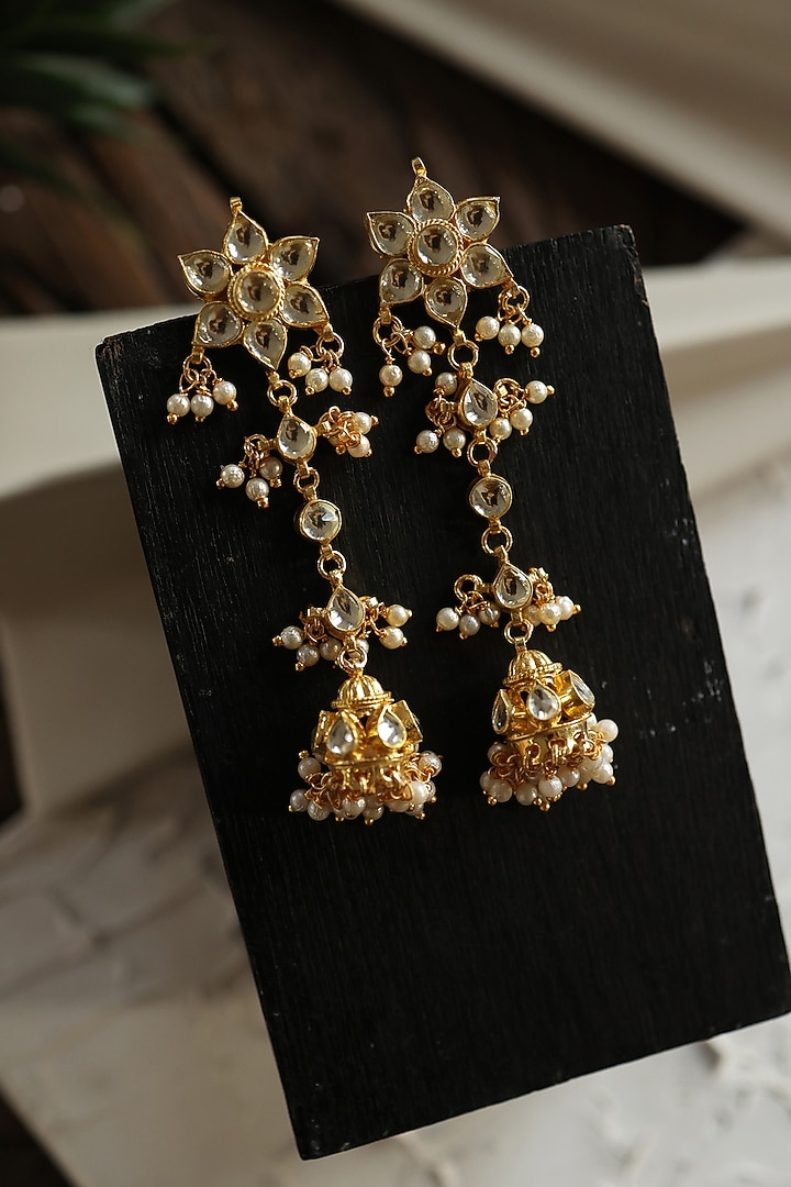 Gold Plated Kundan Polki & Pearl Dangler Earrings by Do Taara at Pernia's Pop Up Shop