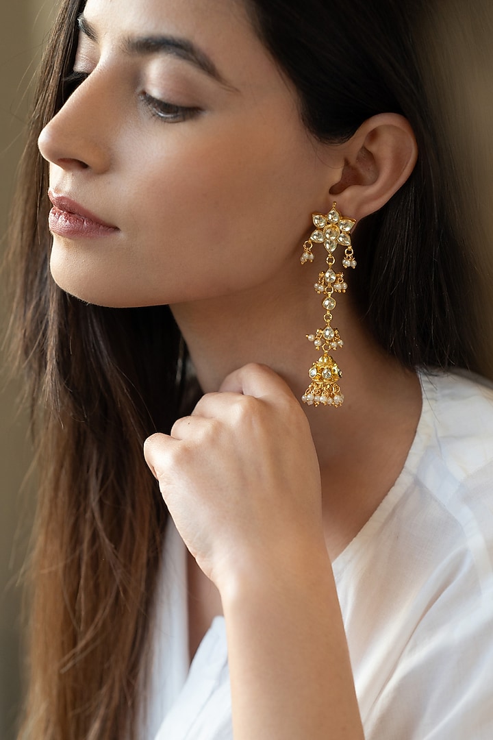 Gold Plated Kundan Polki & Pearl Dangler Earrings by Do Taara at Pernia's Pop Up Shop