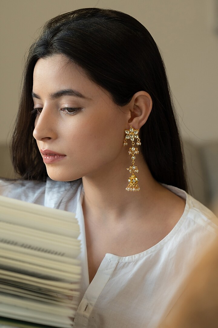 Gold Plated Kundan Polki & Pearl Dangler Earrings by Do Taara at Pernia's Pop Up Shop