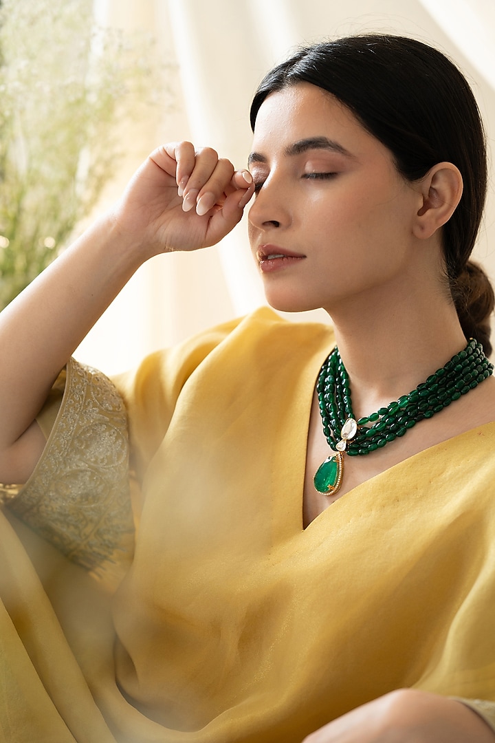 Gold Plated Kundan Polki & Emerald Green Stone Necklace by Do Taara at Pernia's Pop Up Shop