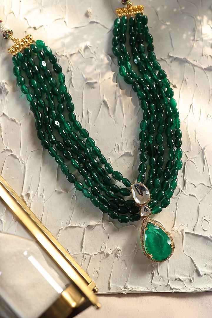 Gold Plated Kundan Polki & Emerald Green Stone Necklace by Do Taara at Pernia's Pop Up Shop