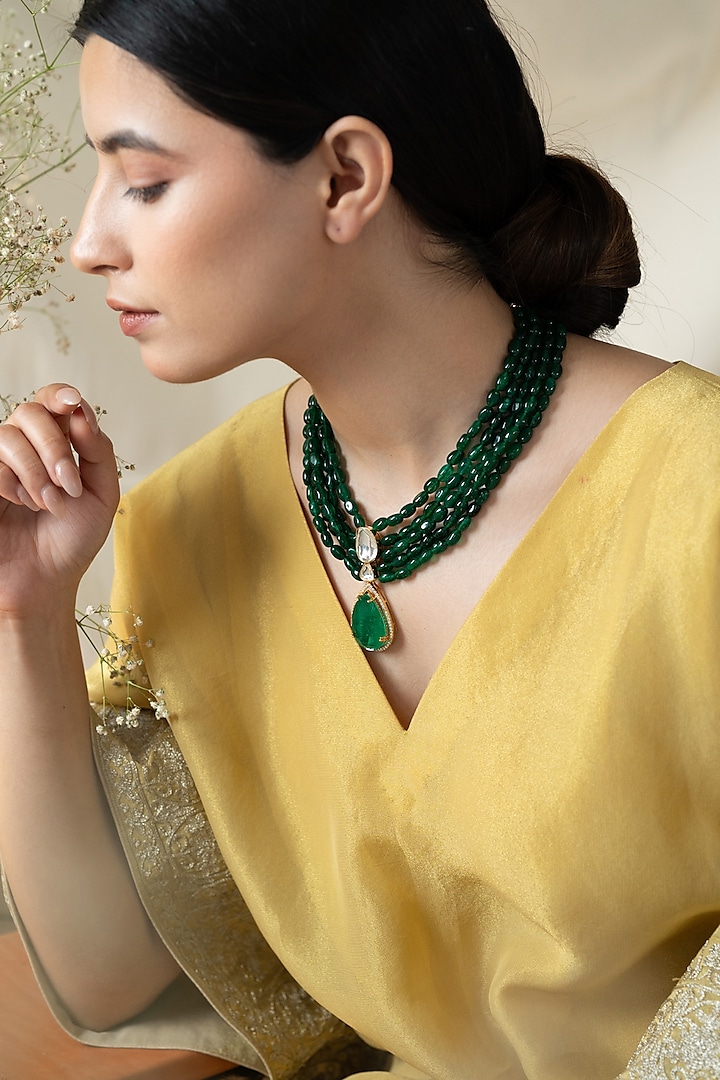 Gold Plated Kundan Polki & Emerald Green Stone Necklace by Do Taara at Pernia's Pop Up Shop