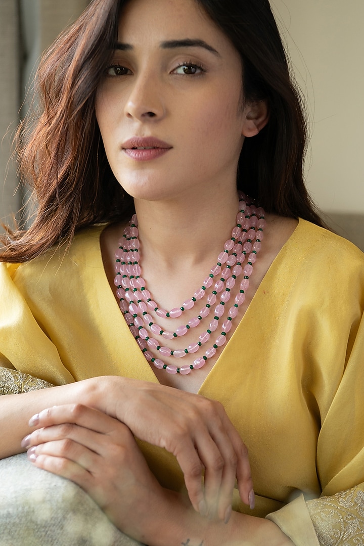 Gold Plated Green Onyx & Rose Quartz Layered Necklace by Do Taara at Pernia's Pop Up Shop