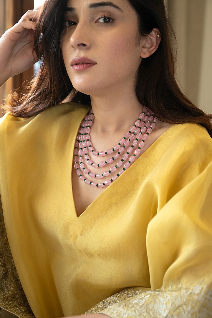Gold Plated Green Onyx & Rose Quartz Layered Necklace by Do Taara at Pernia's Pop Up Shop