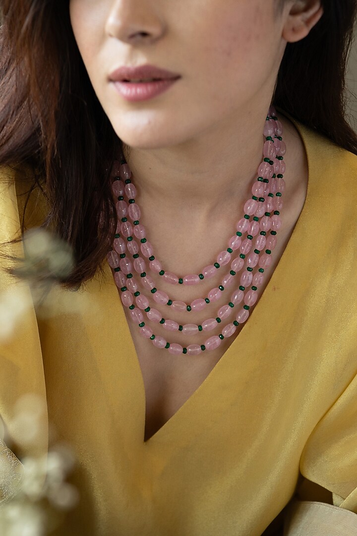 Gold Plated Green Onyx & Rose Quartz Layered Necklace by Do Taara at Pernia's Pop Up Shop