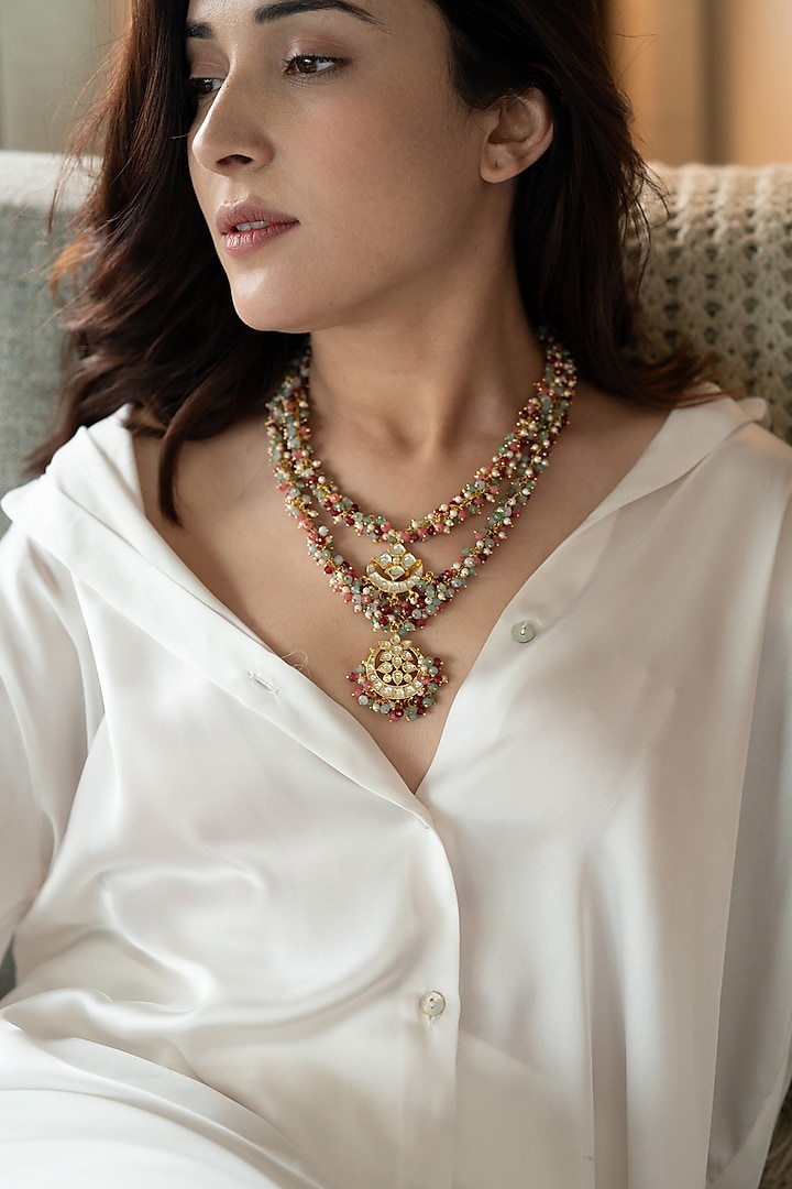 Gold Plated Floral Kundan Polki & Multi-Colored Onyx Layered Necklace by Do Taara at Pernia's Pop Up Shop