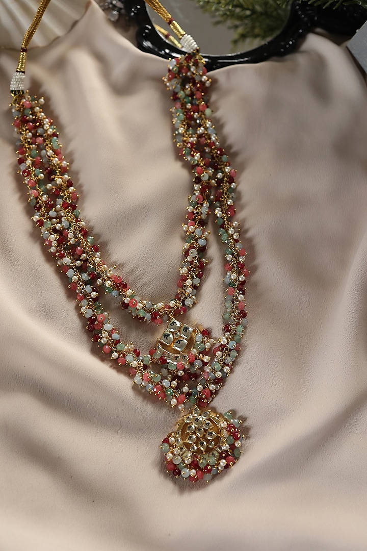 Gold Plated Floral Kundan Polki & Multi-Colored Onyx Layered Necklace by Do Taara at Pernia's Pop Up Shop