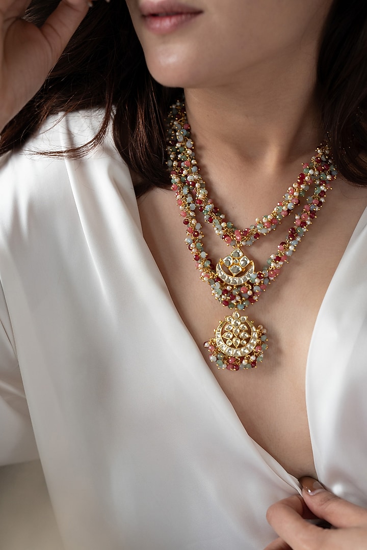 Gold Plated Floral Kundan Polki & Multi-Colored Onyx Layered Necklace by Do Taara at Pernia's Pop Up Shop