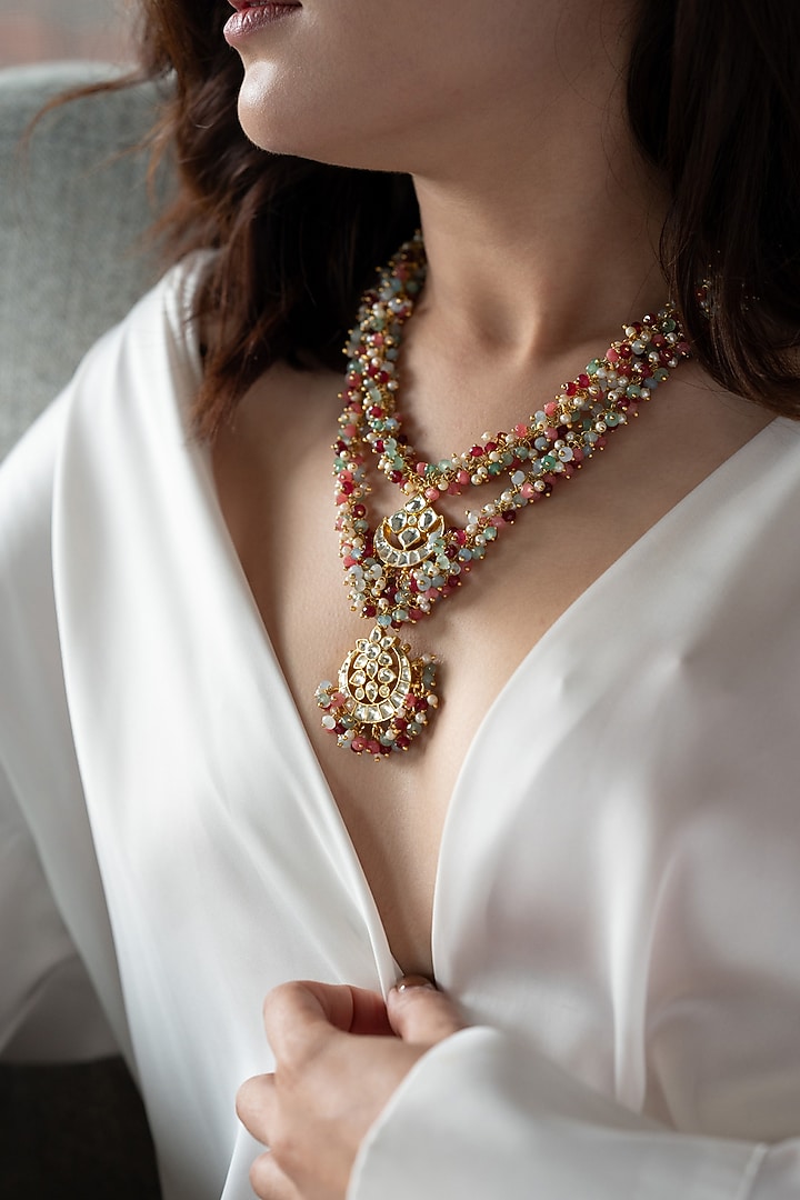 Gold Plated Floral Kundan Polki & Multi-Colored Onyx Layered Necklace by Do Taara at Pernia's Pop Up Shop