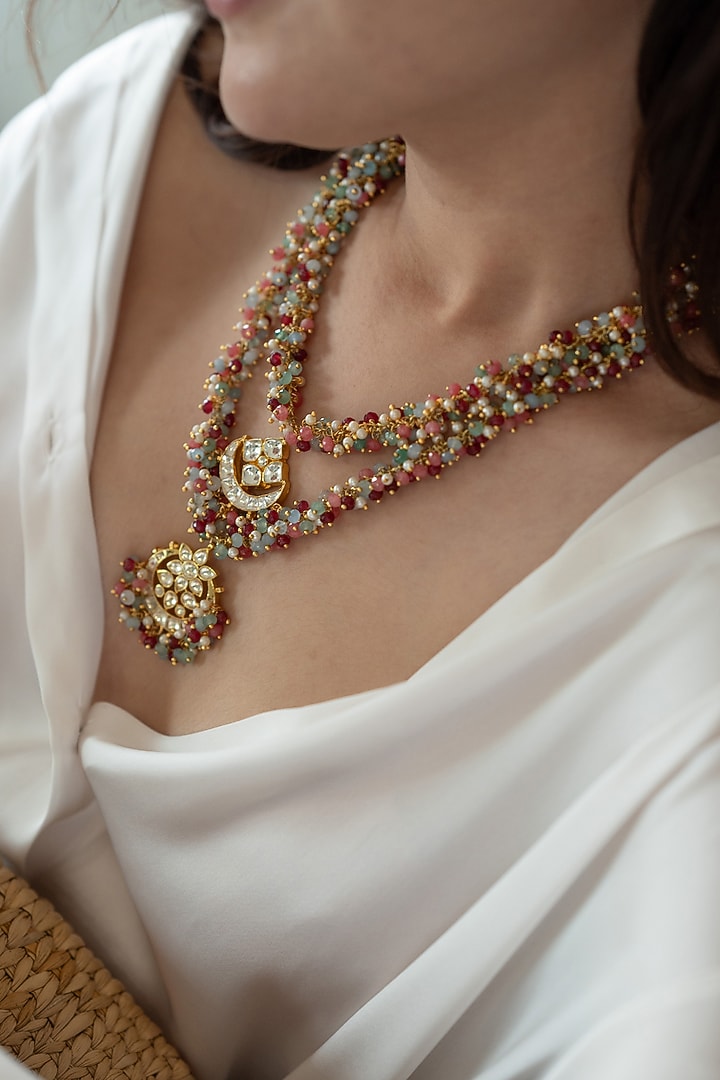 Gold Plated Floral Kundan Polki & Multi-Colored Onyx Layered Necklace by Do Taara at Pernia's Pop Up Shop