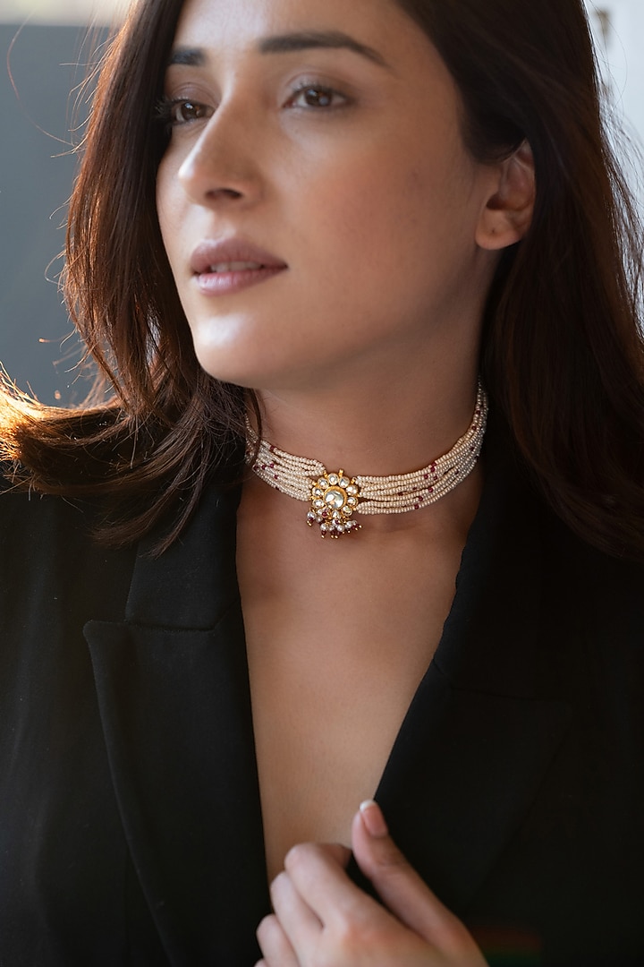 Gold Plated Pearl & Pink Onyx Choker Necklace by Do Taara at Pernia's Pop Up Shop