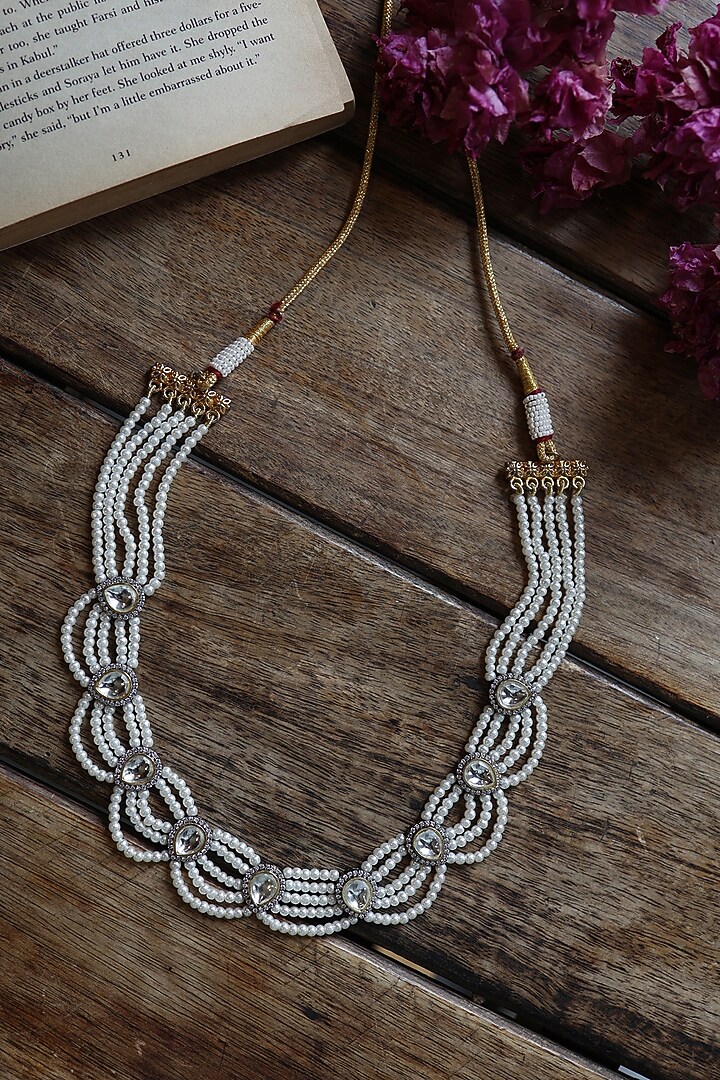 White Rhodium Finish Pearl & Cubic Zirconia Necklace by Do Taara at Pernia's Pop Up Shop