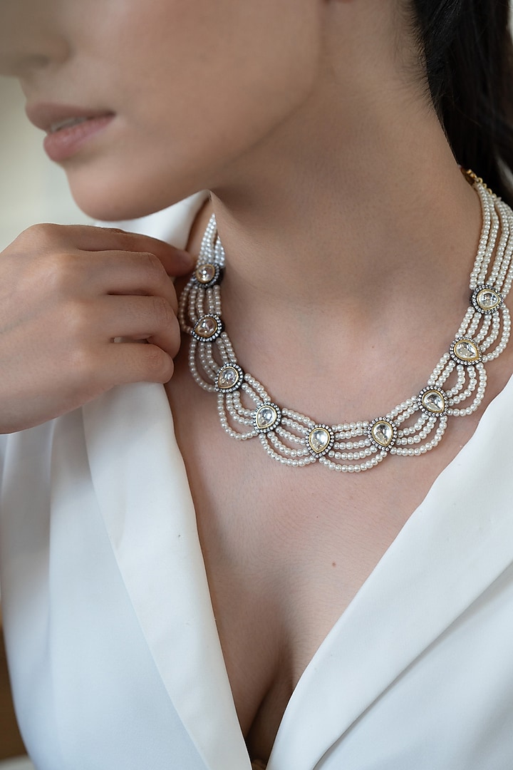 White Rhodium Finish Pearl & Cubic Zirconia Necklace by Do Taara at Pernia's Pop Up Shop