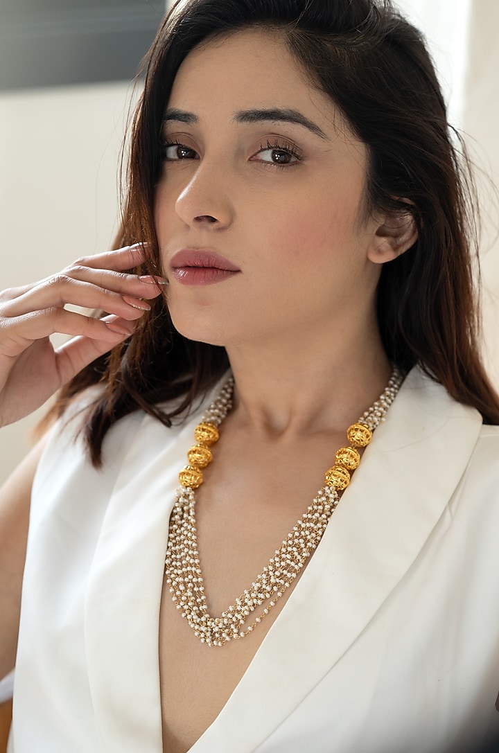 Gold Plated Pearl & Golden Ball Necklace by Do Taara at Pernia's Pop Up Shop