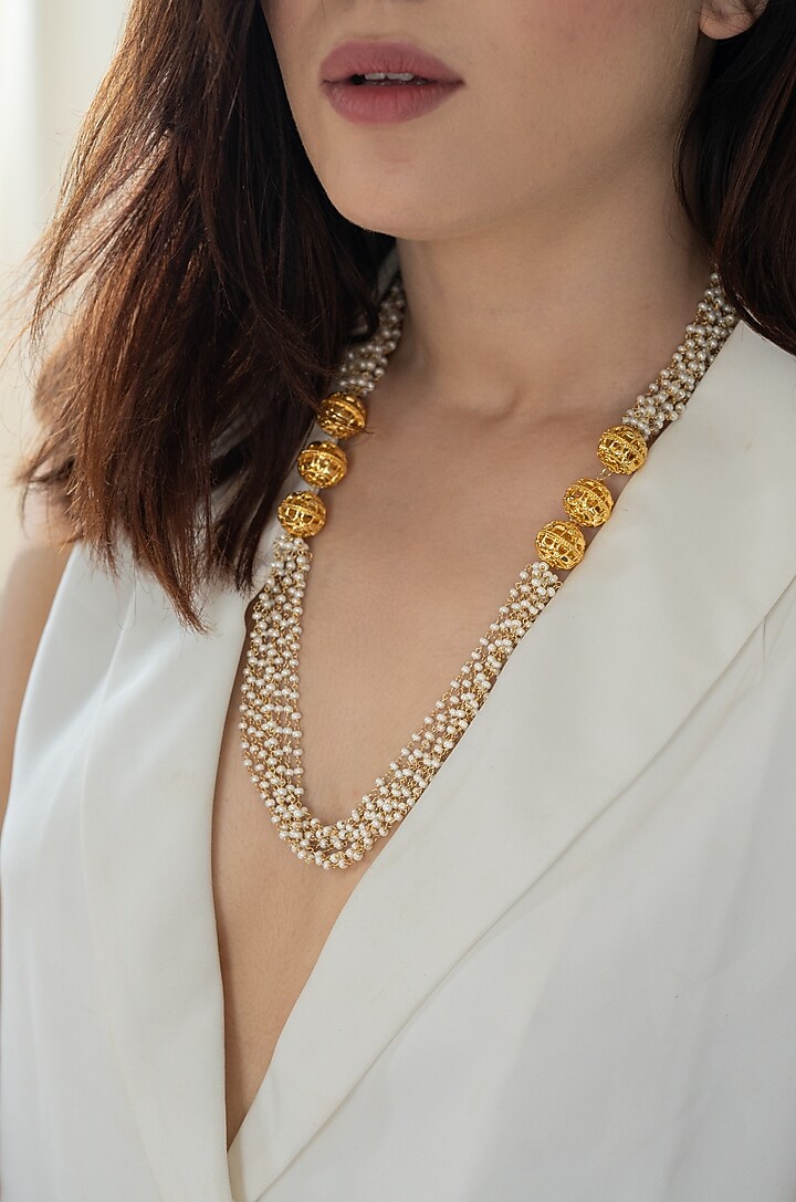 Gold Plated Pearl & Golden Ball Necklace by Do Taara at Pernia's Pop Up Shop