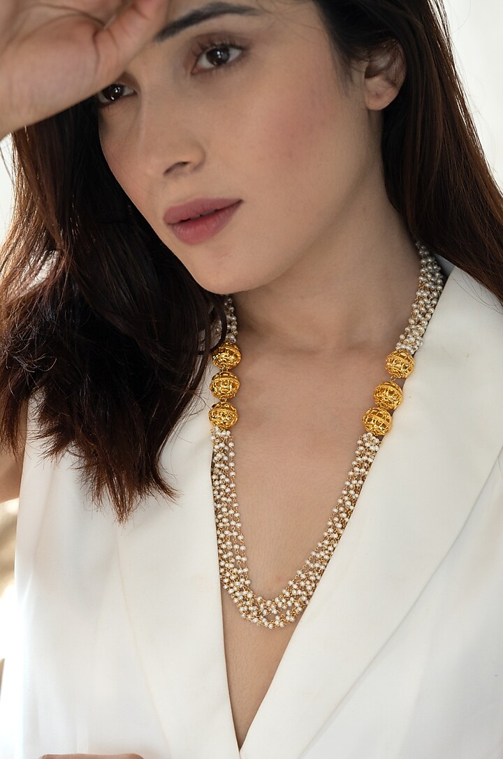 Gold Plated Pearl & Golden Ball Necklace by Do Taara at Pernia's Pop Up Shop