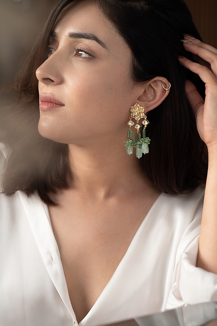 Gold Plated Floral Kundan Polki & Pearl Dangler Earrings by Do Taara at Pernia's Pop Up Shop