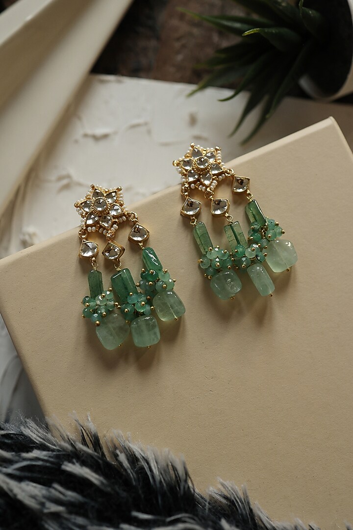 Gold Plated Floral Kundan Polki & Pearl Dangler Earrings by Do Taara at Pernia's Pop Up Shop