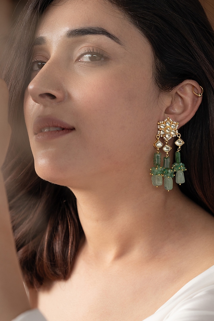 Gold Plated Floral Kundan Polki & Pearl Dangler Earrings by Do Taara at Pernia's Pop Up Shop