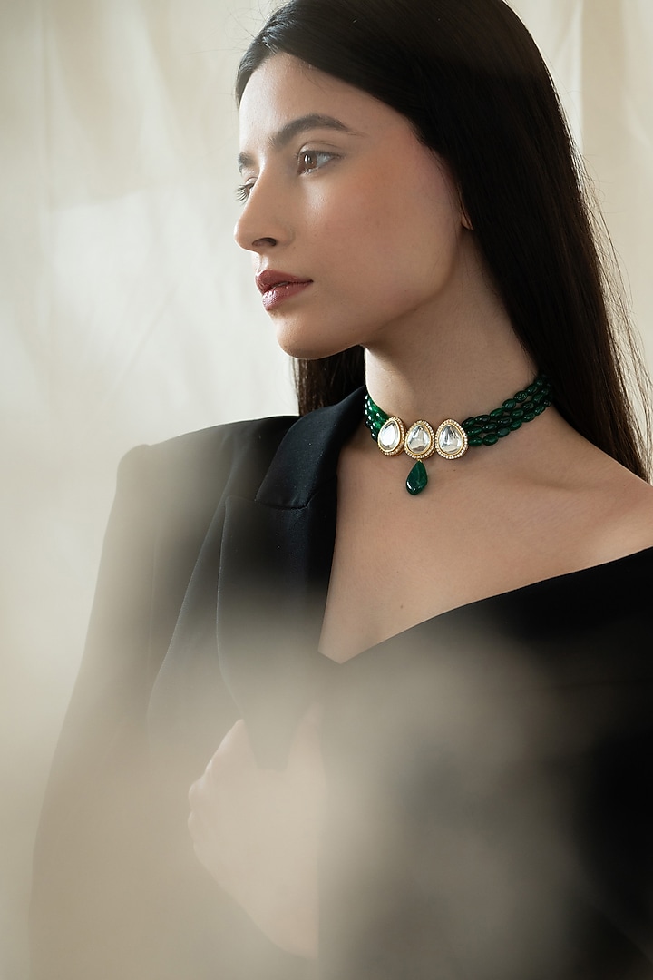 Gold Plated Kundan Polki & Jade Green Stone Choker Necklace by Do Taara at Pernia's Pop Up Shop