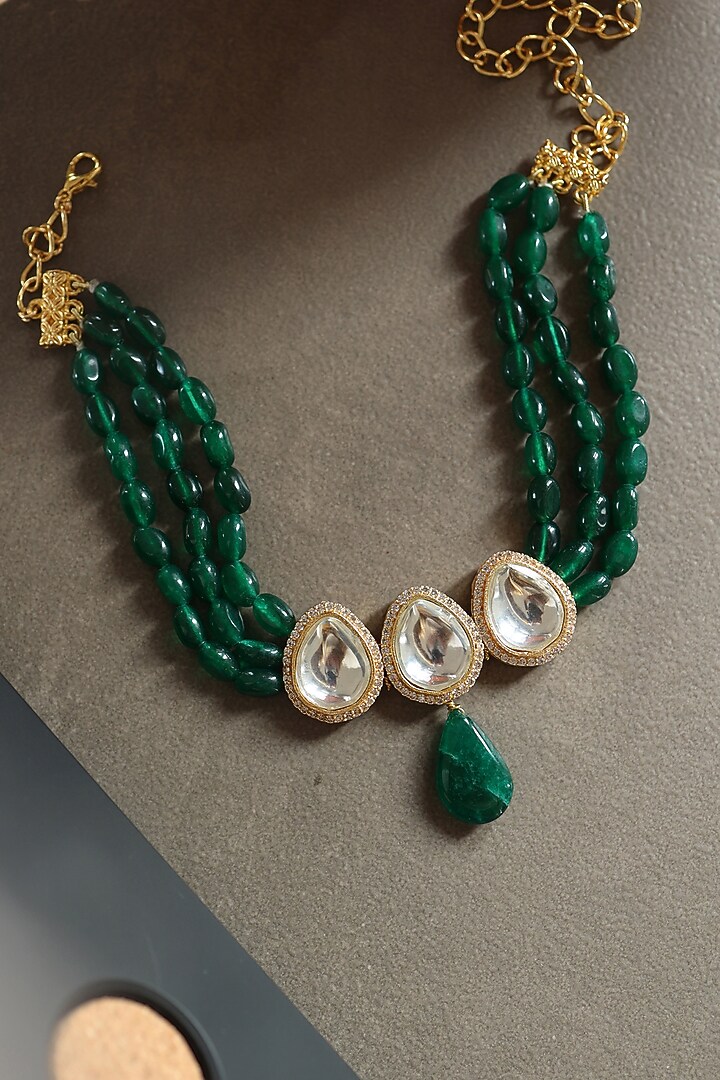 Gold Plated Kundan Polki & Jade Green Stone Choker Necklace by Do Taara at Pernia's Pop Up Shop