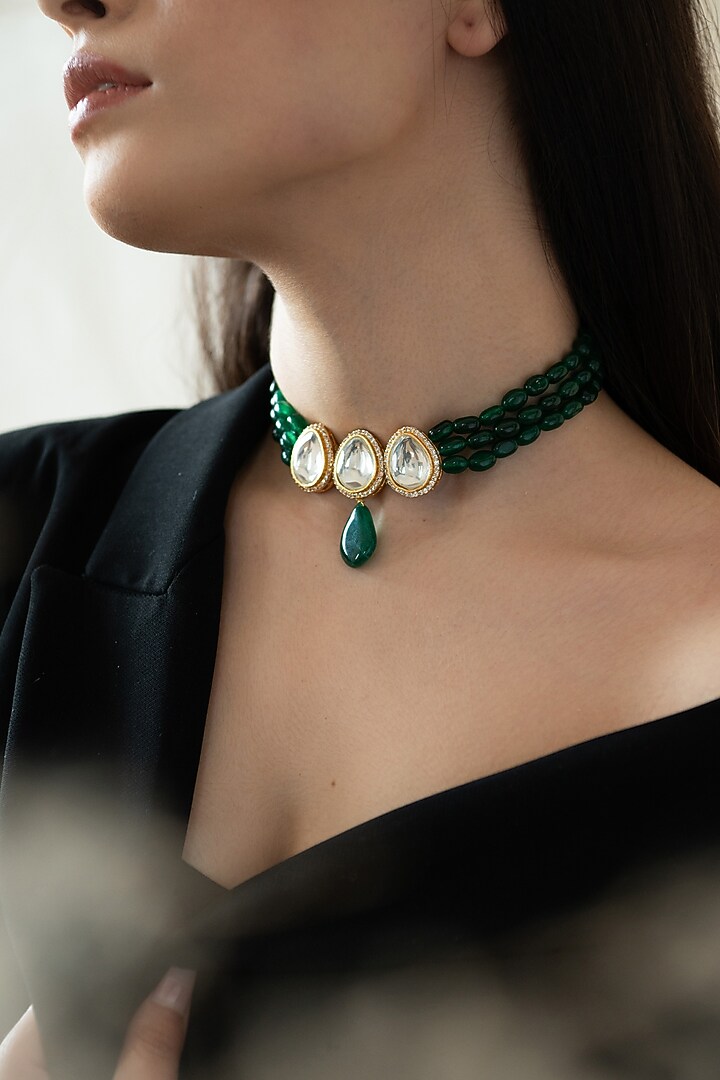 Gold Plated Kundan Polki & Jade Green Stone Choker Necklace by Do Taara at Pernia's Pop Up Shop
