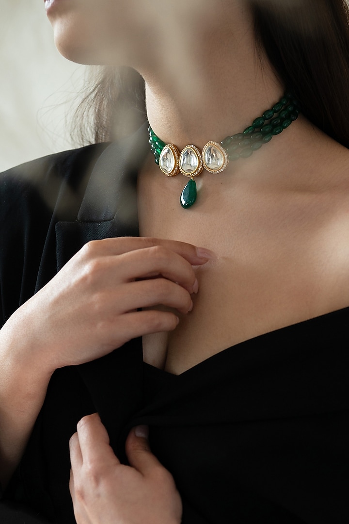 Gold Plated Kundan Polki & Jade Green Stone Choker Necklace by Do Taara at Pernia's Pop Up Shop