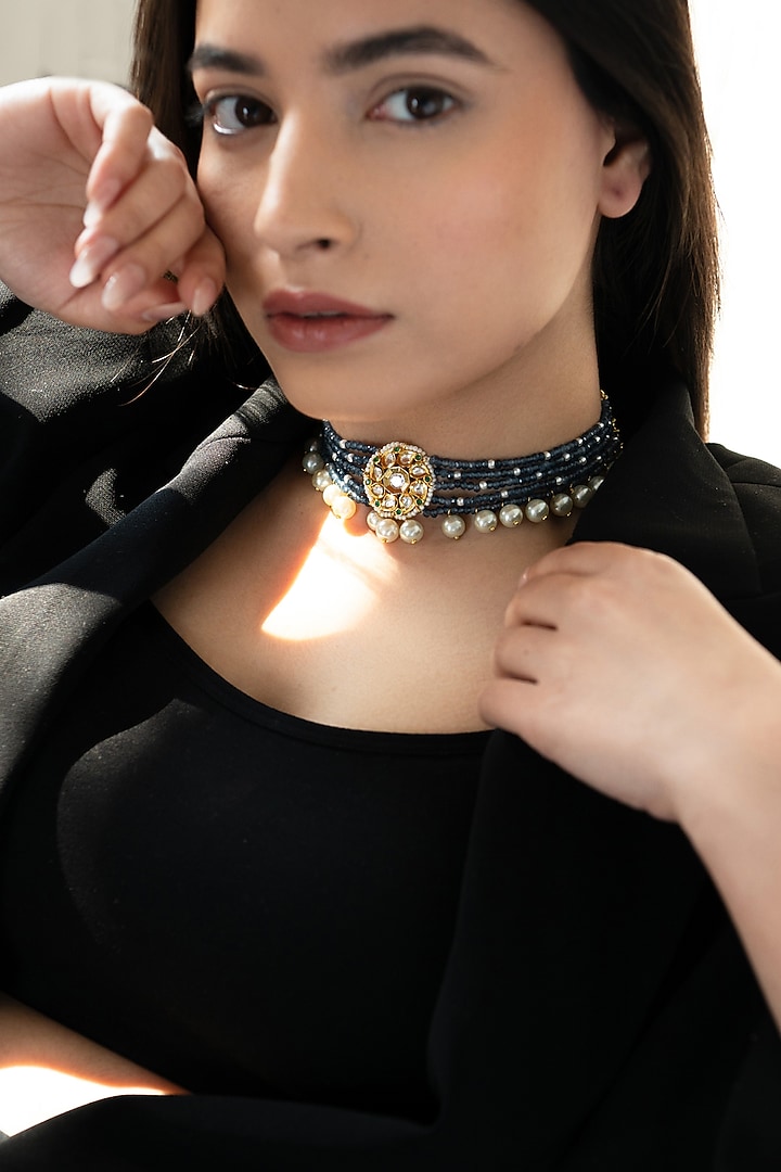 Gold Plated Floral Kundan Polki & Blue Onyx Choker Necklace by Do Taara at Pernia's Pop Up Shop