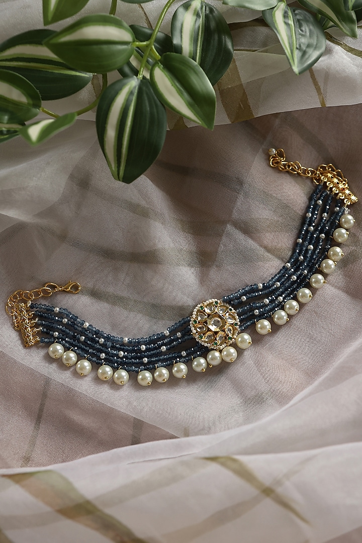 Gold Plated Floral Kundan Polki & Blue Onyx Choker Necklace by Do Taara at Pernia's Pop Up Shop