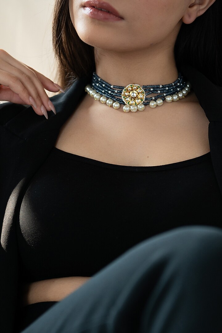 Gold Plated Floral Kundan Polki & Blue Onyx Choker Necklace by Do Taara at Pernia's Pop Up Shop
