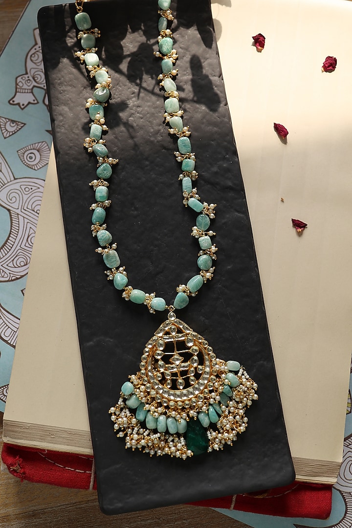 Gold Plated Floral Kundan Polki & Larimar Turquoise Stone Necklace by Do Taara at Pernia's Pop Up Shop