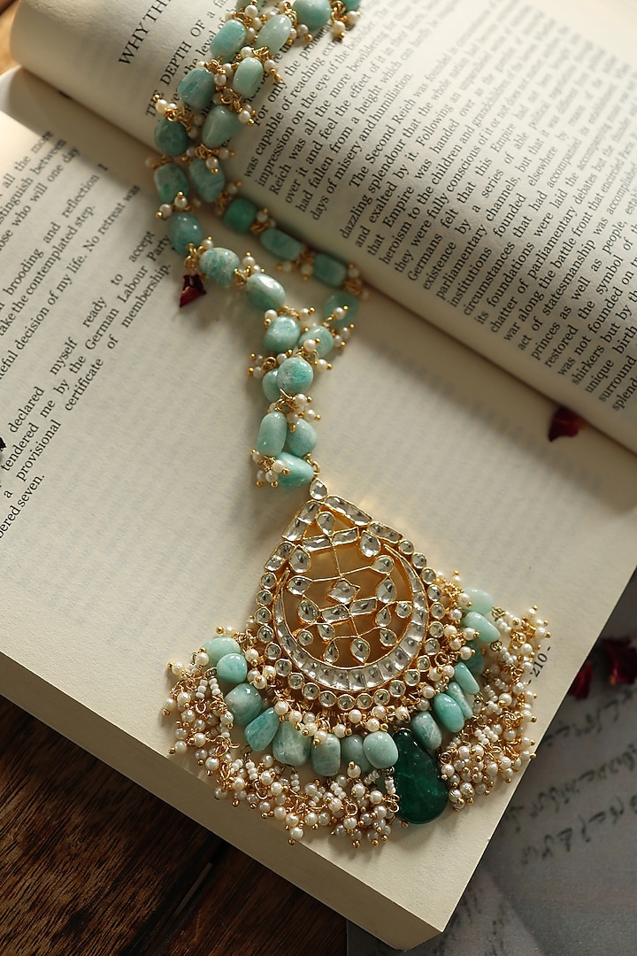 Gold Plated Floral Kundan Polki & Larimar Turquoise Stone Necklace by Do Taara at Pernia's Pop Up Shop