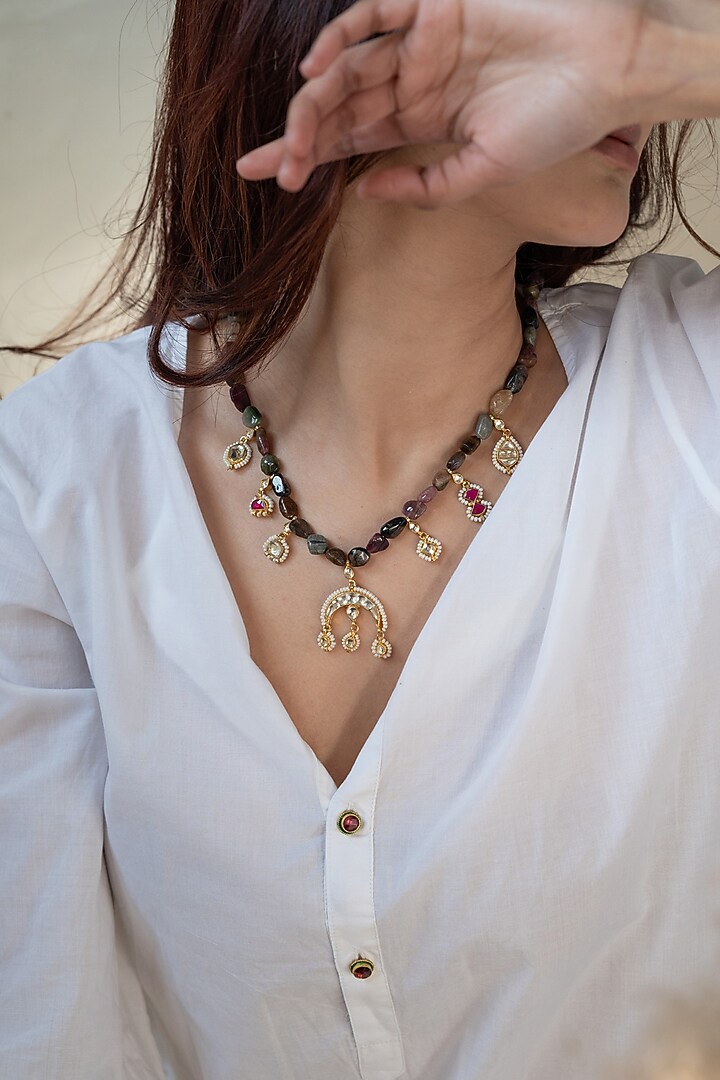Gold Plated Pearl & Tourmaline Stone Necklace by Do Taara at Pernia's Pop Up Shop