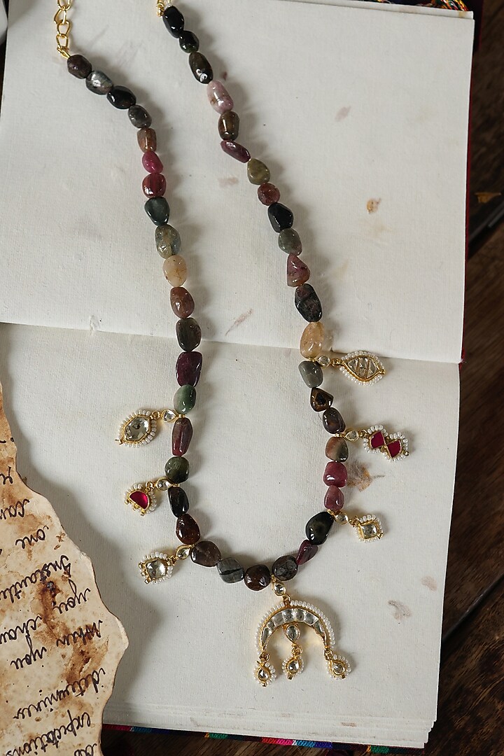 Gold Plated Pearl & Tourmaline Stone Necklace by Do Taara at Pernia's Pop Up Shop