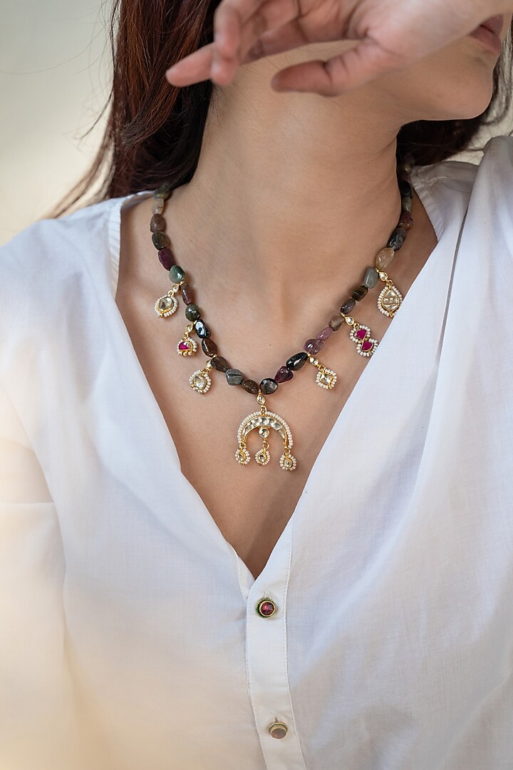 Gold Plated Pearl & Tourmaline Stone Necklace by Do Taara at Pernia's Pop Up Shop