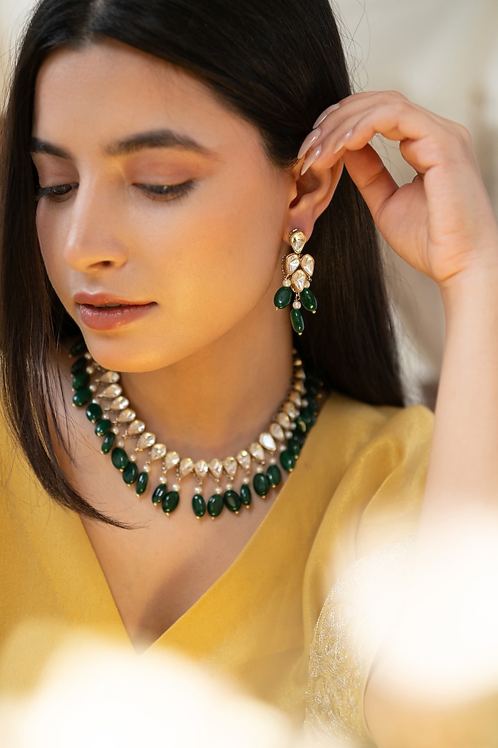 Two-Tone Finish Pearl & Jade Green Stone Necklace Set by Do Taara at Pernia's Pop Up Shop