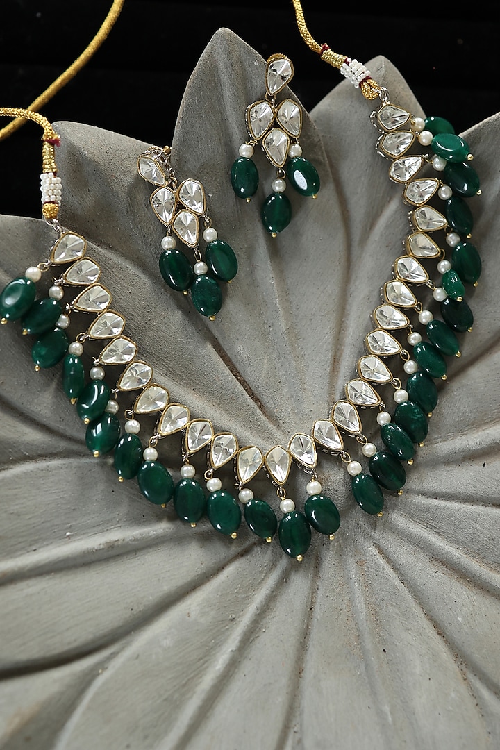 Two-Tone Finish Pearl & Jade Green Stone Necklace Set by Do Taara at Pernia's Pop Up Shop