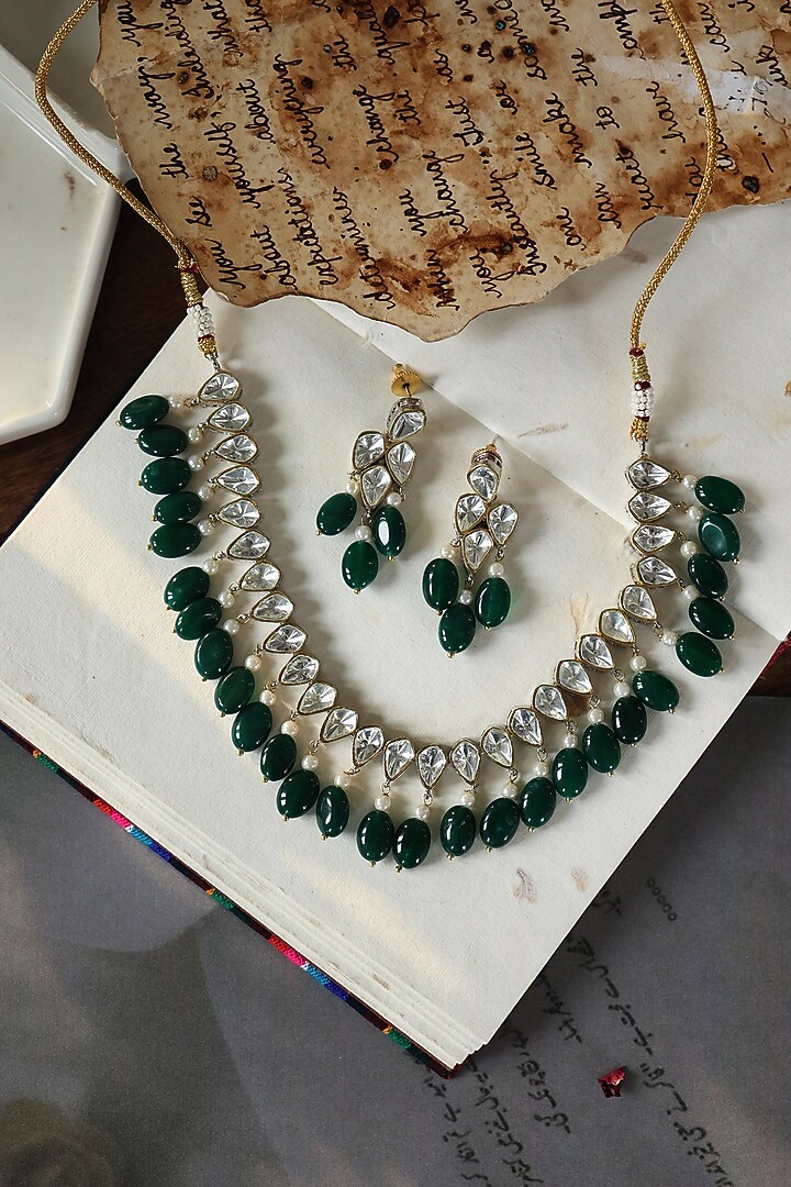 Two-Tone Finish Pearl & Jade Green Stone Necklace Set by Do Taara at Pernia's Pop Up Shop