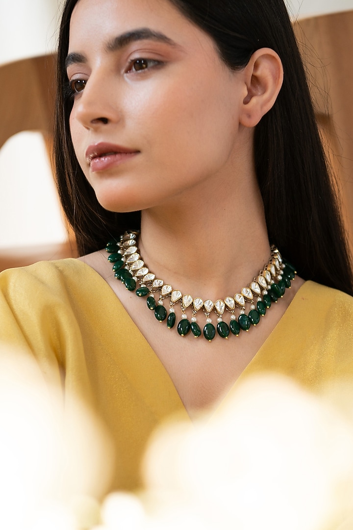 Two-Tone Finish Pearl & Jade Green Stone Necklace Set by Do Taara at Pernia's Pop Up Shop
