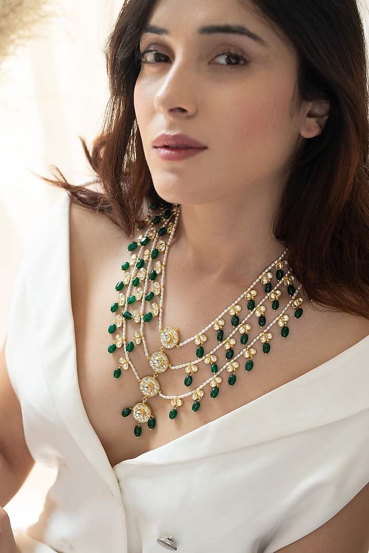 Gold Plated Kundan Polki & Green Jade Stone Layered Necklace by Do Taara at Pernia's Pop Up Shop