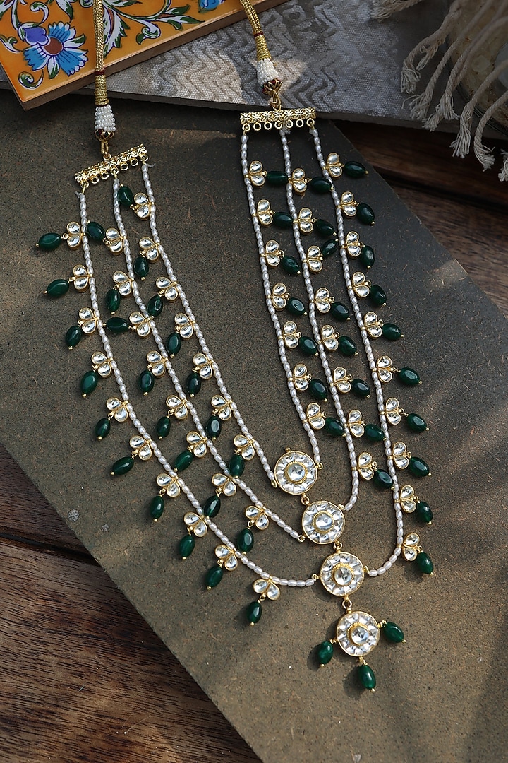 Gold Plated Kundan Polki & Green Jade Stone Layered Necklace by Do Taara at Pernia's Pop Up Shop