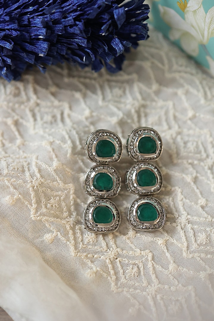 Black Rhodium Finish Kundan Polki & Cubic Zirconia Dangler Earrings by Do Taara at Pernia's Pop Up Shop