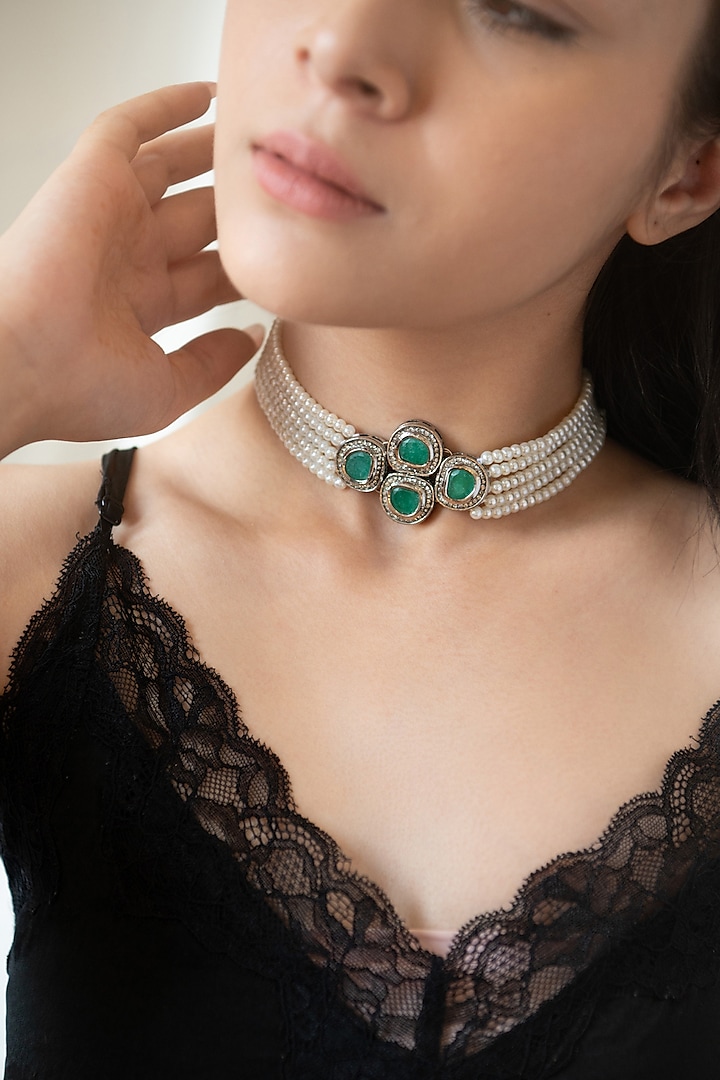 Black Rhodium Finish Kundan Polki & Pearl Choker Necklace by Do Taara at Pernia's Pop Up Shop