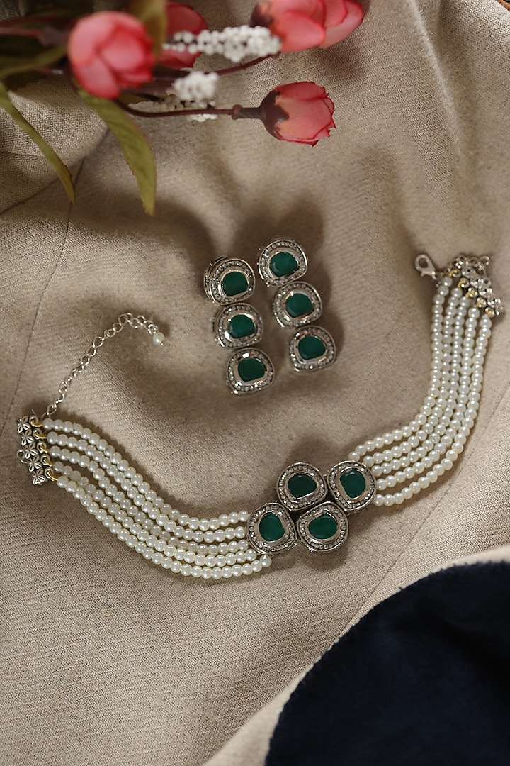 Black Rhodium Finish Kundan Polki & Pearl Choker Necklace by Do Taara at Pernia's Pop Up Shop
