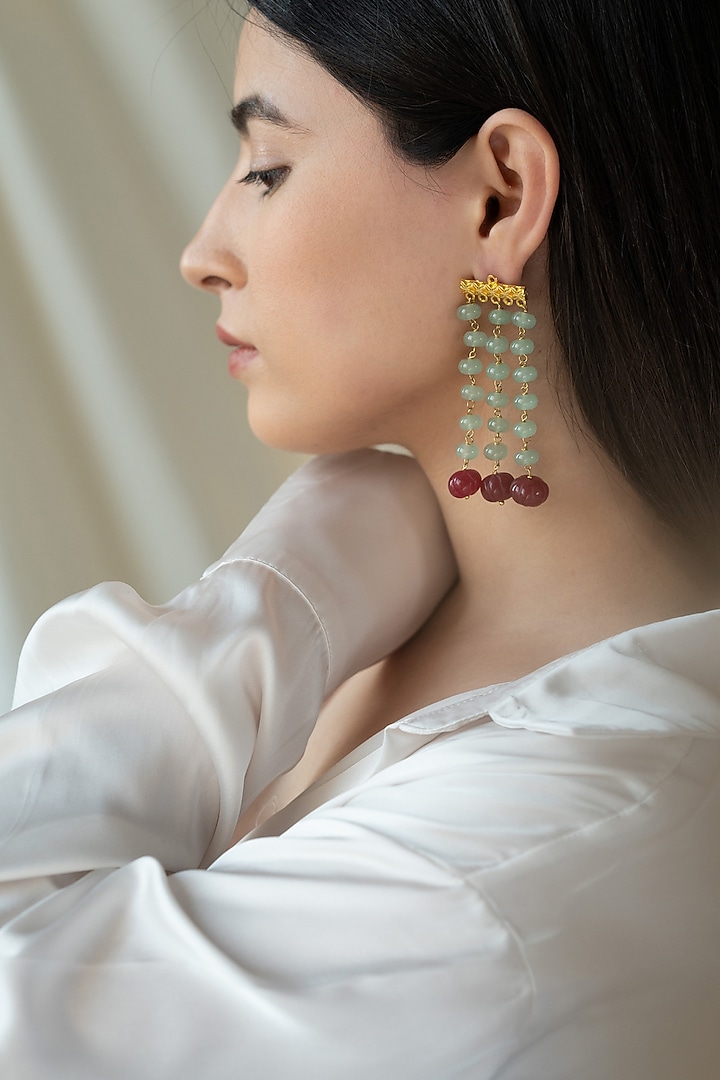 Gold Plated Mint Green & Red Natural Stone Dangler Earrings by Do Taara at Pernia's Pop Up Shop