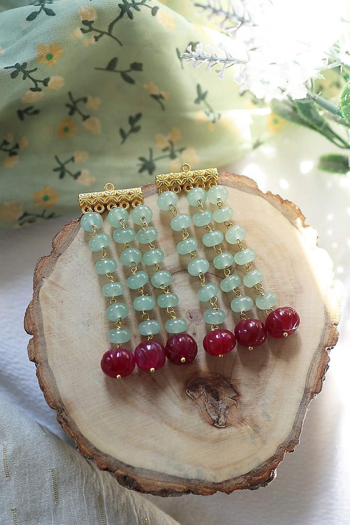 Gold Plated Mint Green & Red Natural Stone Dangler Earrings by Do Taara at Pernia's Pop Up Shop