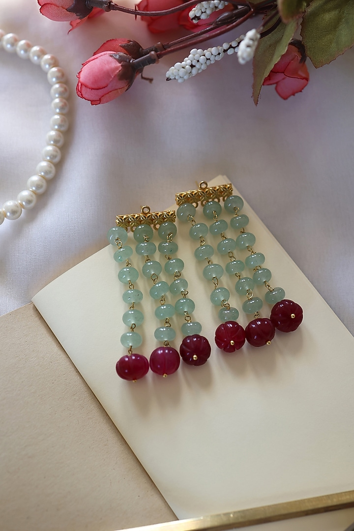 Gold Plated Mint Green & Red Natural Stone Dangler Earrings by Do Taara at Pernia's Pop Up Shop