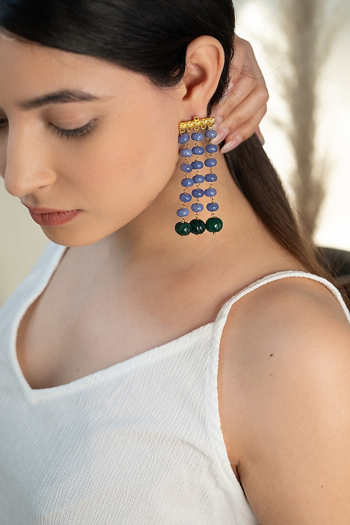 Gold Plated Purple & Green Natural Stone Dangler Earrings by Do Taara at Pernia's Pop Up Shop