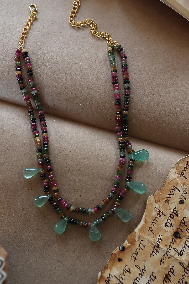 Gold Plated Mint Green Fluorite & Tourmaline Stone Necklace by Do Taara at Pernia's Pop Up Shop
