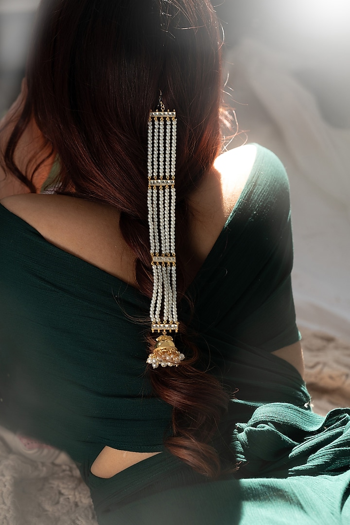 Gold Plated Kundan Polki & Pearl Braid Pin by Do Taara at Pernia's Pop Up Shop